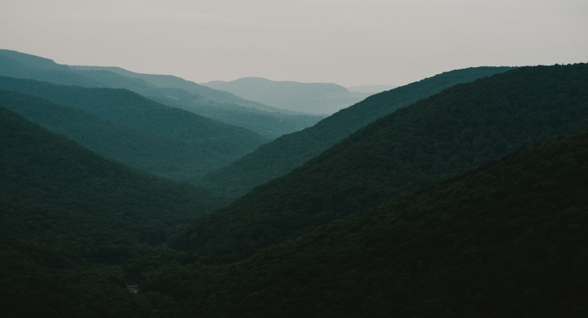 Densely wooded mountains appear in shades of blue under a gray sky